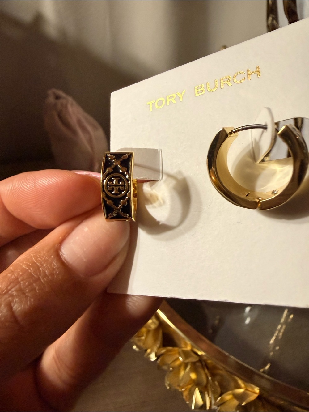 Tory Burch Gold and Black Miller Logo Hinge Hoop Earrings